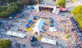 concert in city park. summer time. aerial view